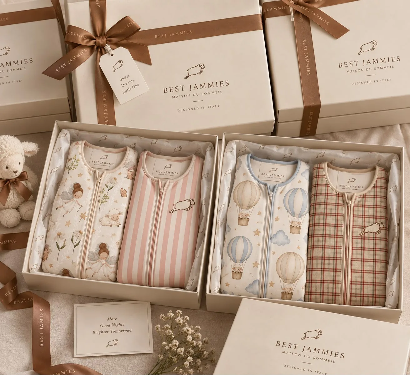 Two open Best Jammies gift boxes holding baby sleep sacks in fairy, stripe, hot-air-balloon and plaid prints, ribboned boxes and a plush lamb beside them