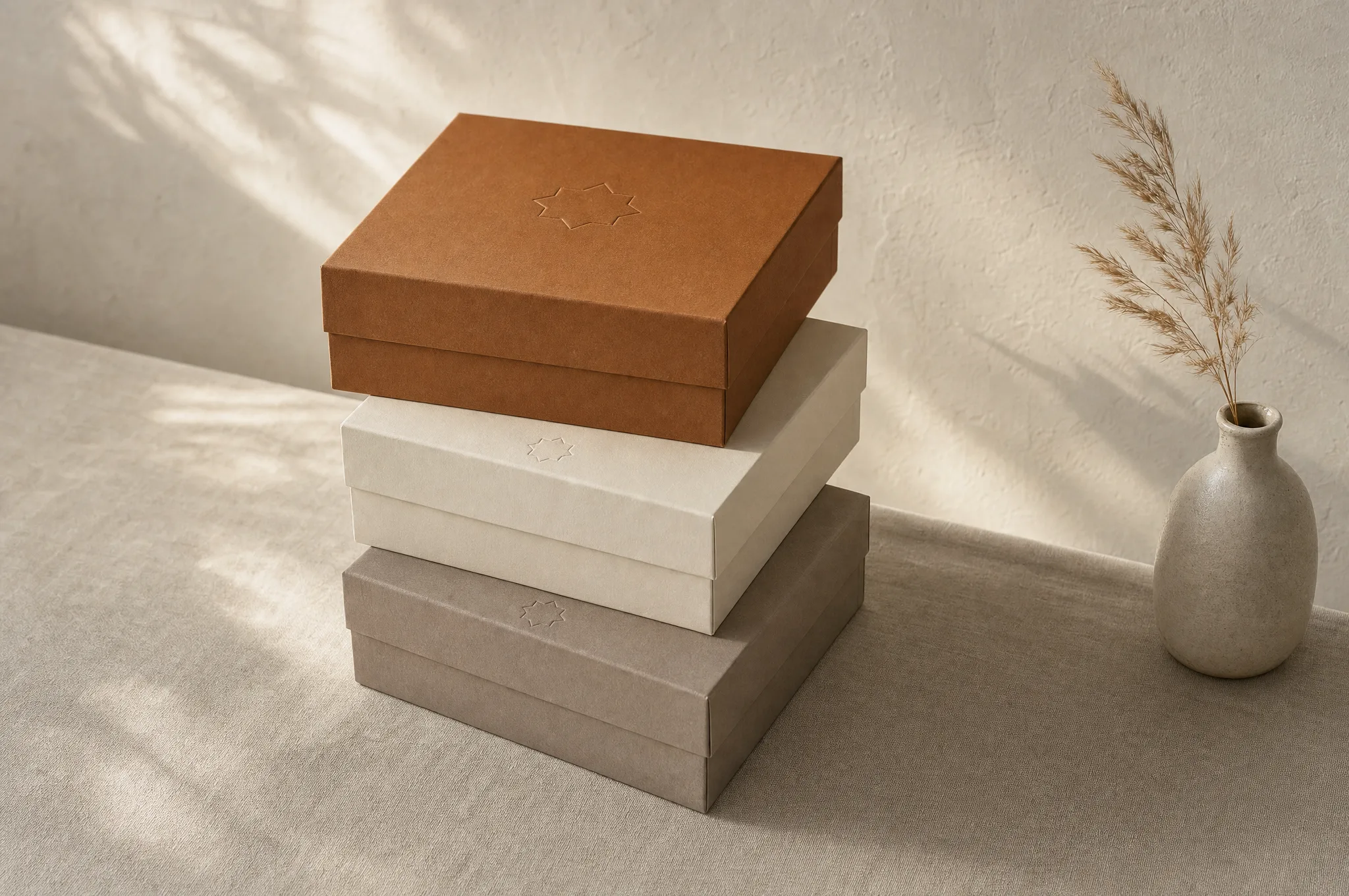 Three rigid gift boxes stacked on linen: glazed ginger, ivory and warm taupe, each embossed with a small star
