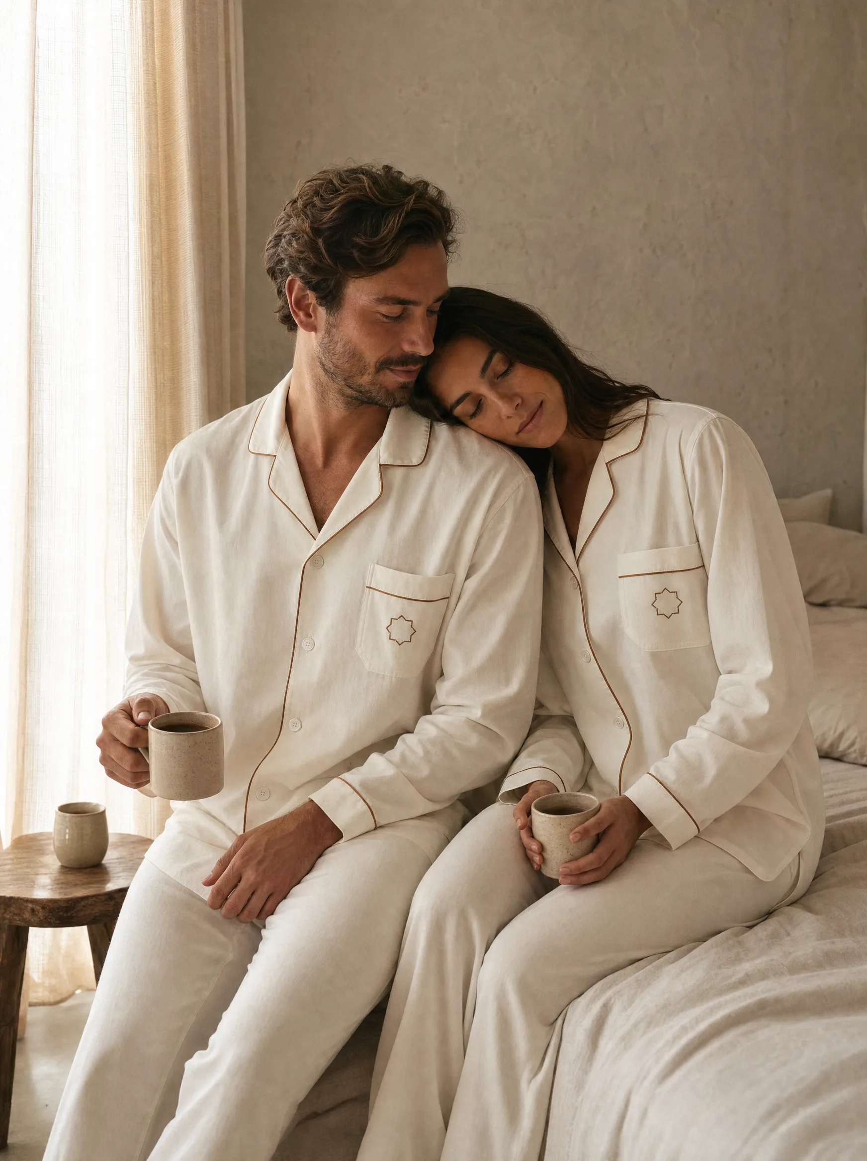 A couple in matching ivory pajamas sharing coffee by a tall window