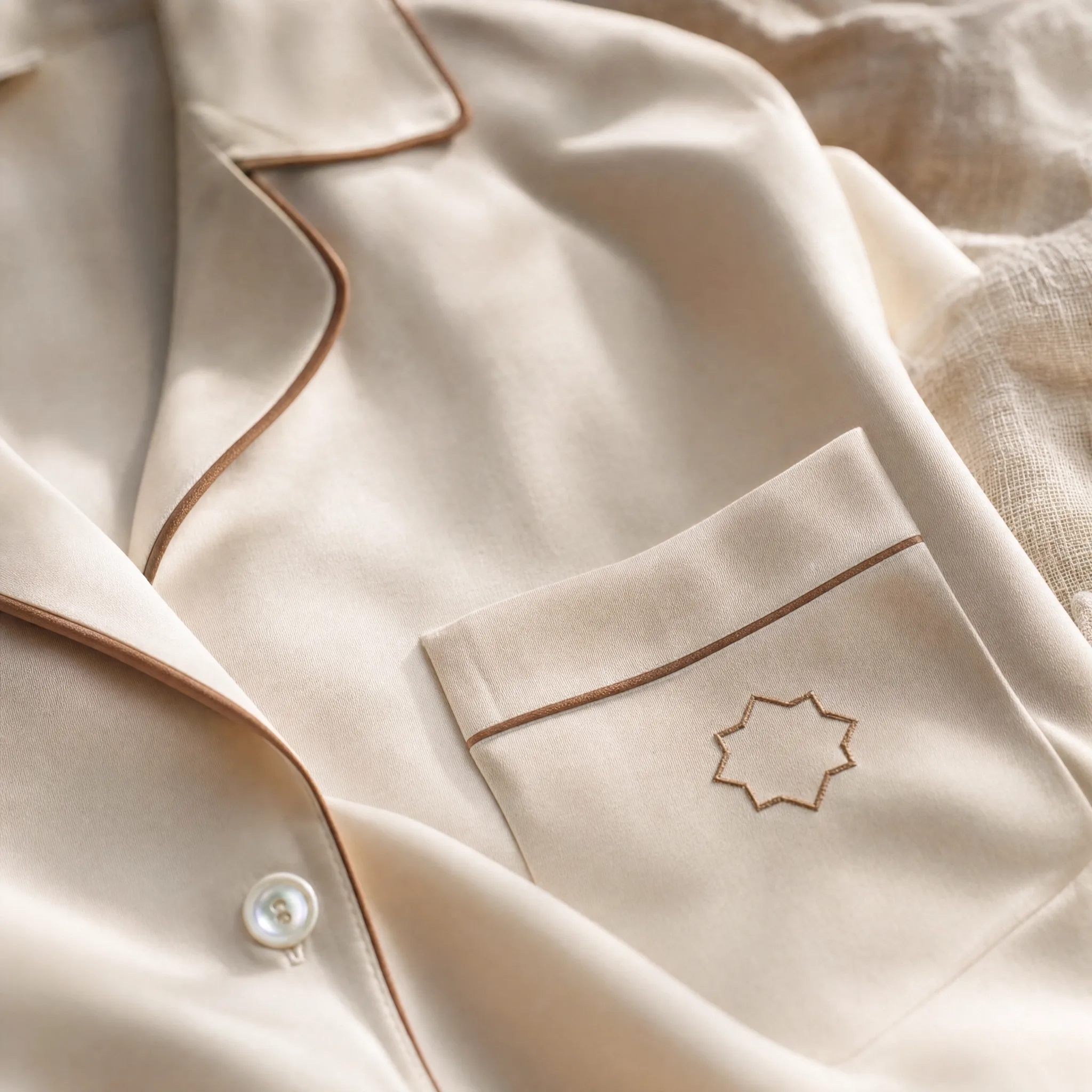 Close-up of an ivory cotton pajama pocket with ginger piping, an embroidered eight-point star and a mother-of-pearl button