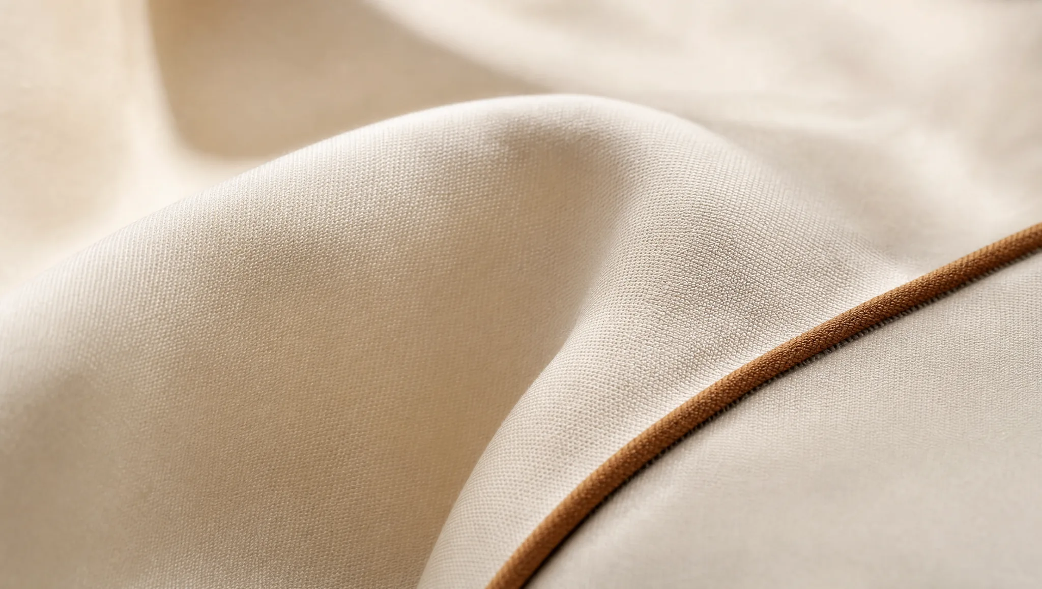 Macro of softly draped ivory cotton sateen with a single line of ginger piping