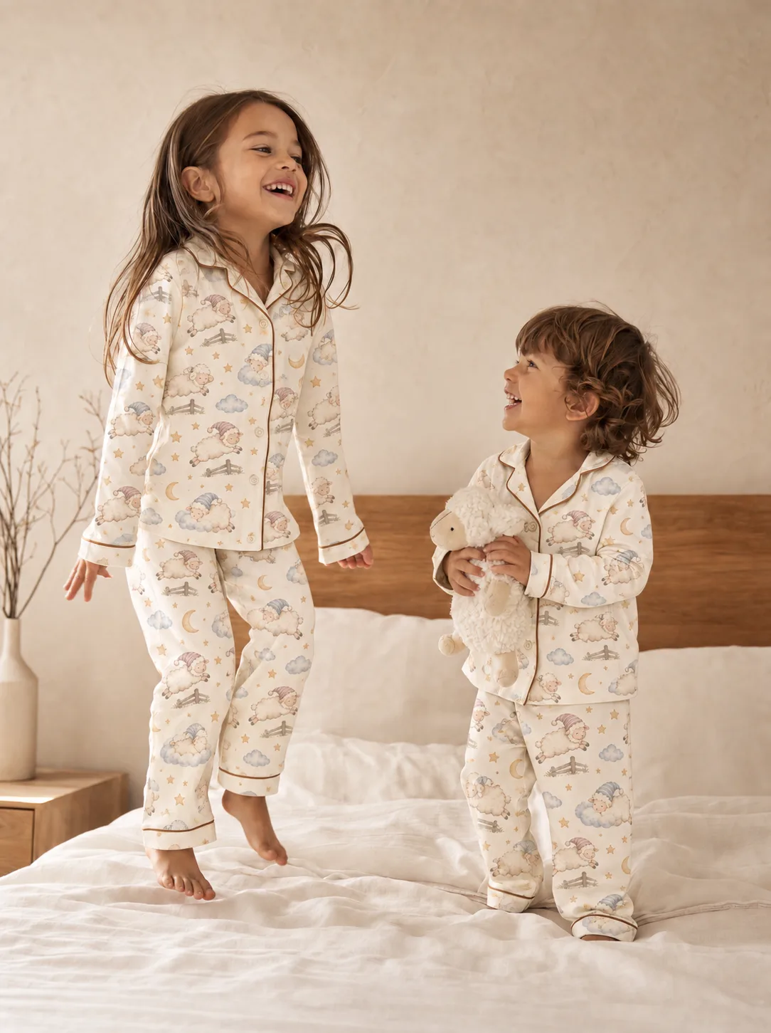 A girl jumping and her little brother laughing on a bed, both in ivory pajamas printed with sleeping sheep, clouds and moons, he hugging a plush lamb